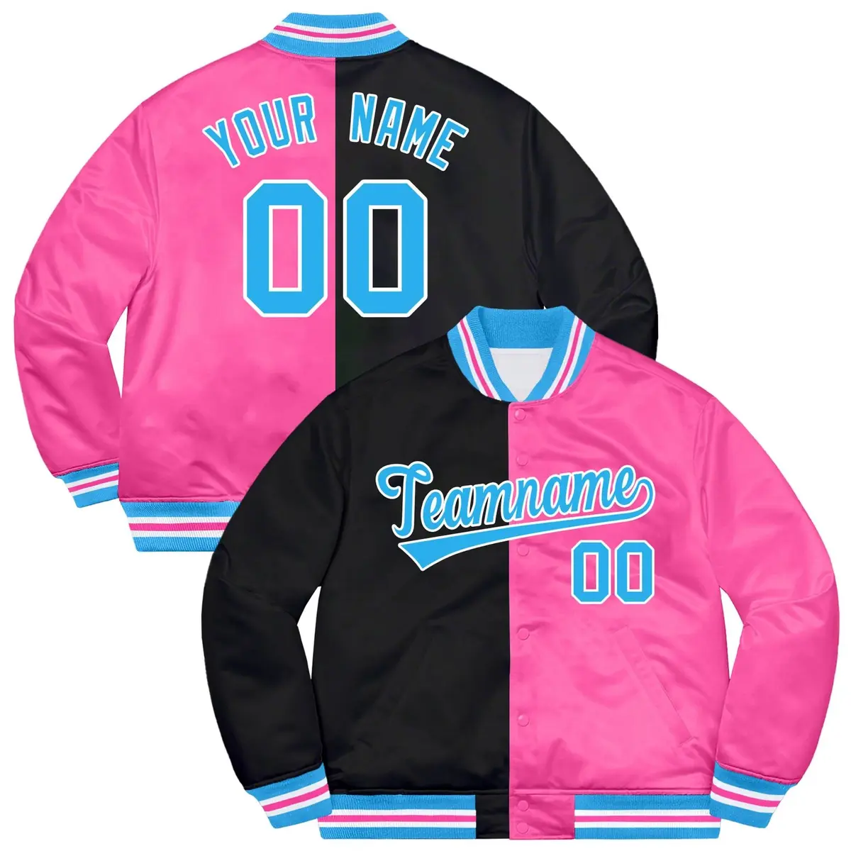 Pink Black-White Two Tone Split Letterman Baseball Jacket