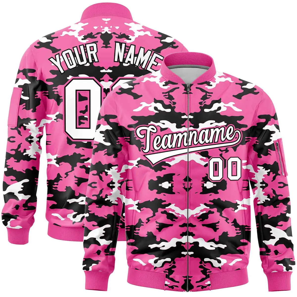 Pink Black-White Varsity Full-Zip Camo Letterman Bomber Jacket