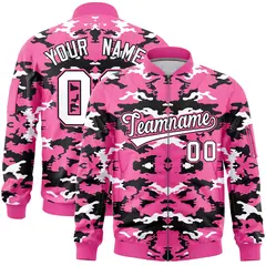 Pink Black-White Varsity Full-Zip Camo Letterman Bomber Jacket