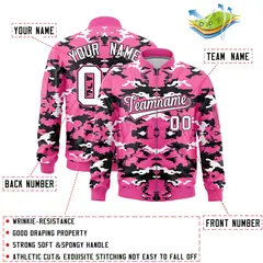 Pink Black-White Varsity Full-Zip Camo Letterman Bomber Jacket 2