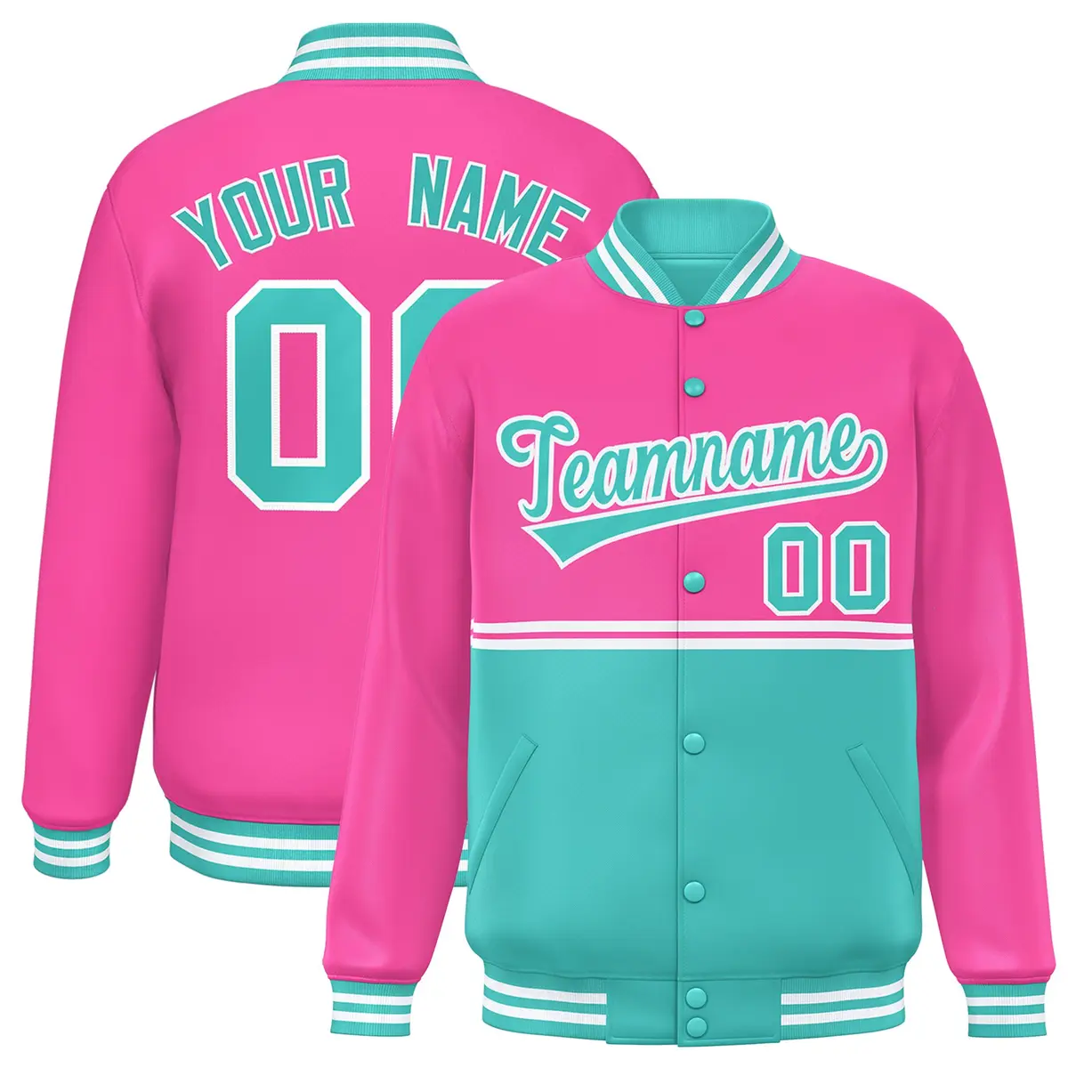 Pink Bright Green Color Block Varsity Full-Snap Letterman Jacket