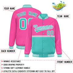 Pink Bright Green Color Block Varsity Full-Snap Letterman Jacket 2