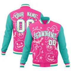 Pink Bright Green Cream Halloween Bats Pumpkins Ghost Letterman Jacket