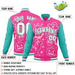 Pink Bright Green Cream Halloween Bats Pumpkins Ghost Letterman Jacket 2