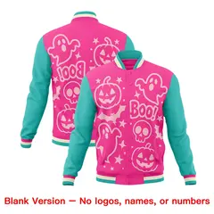 Pink Bright Green Cream Halloween Bats Pumpkins Ghost Letterman Jacket 7