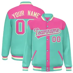 Pink Bright Green Varsity Baseball Color Block Bomber Jacket