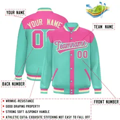 Pink Bright Green Varsity Baseball Color Block Bomber Jacket 2