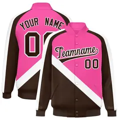 Pink Brown Raglan Varsity Full-Snap Letterman Baseball Jacket 1