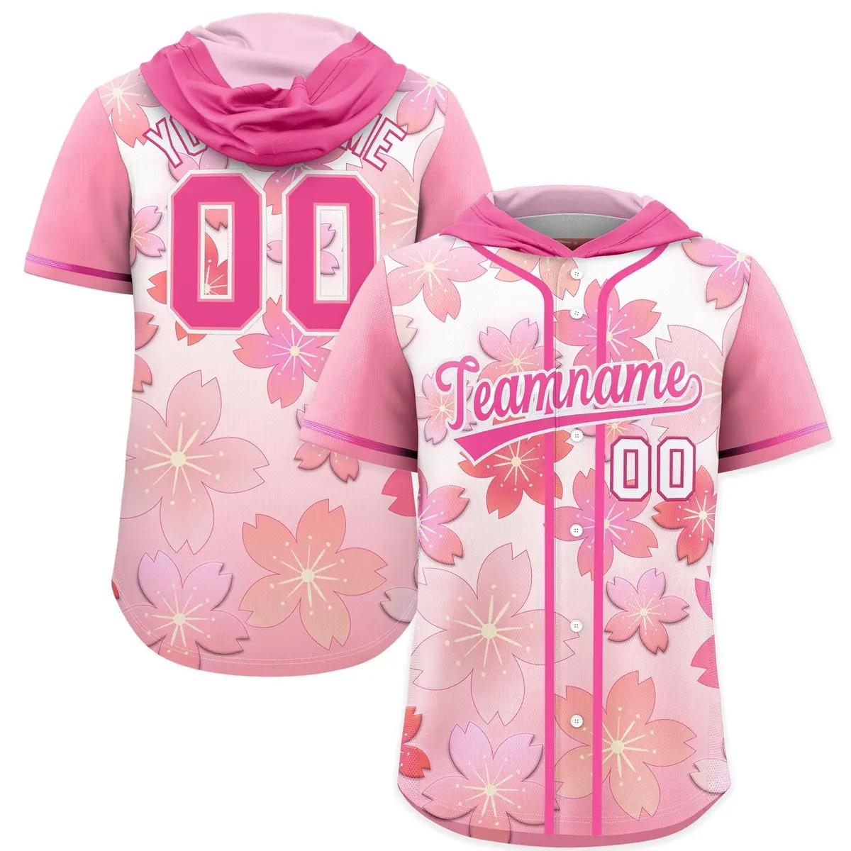 Pink Cherry Blossoms Raglan Hooded Baseball Jersey