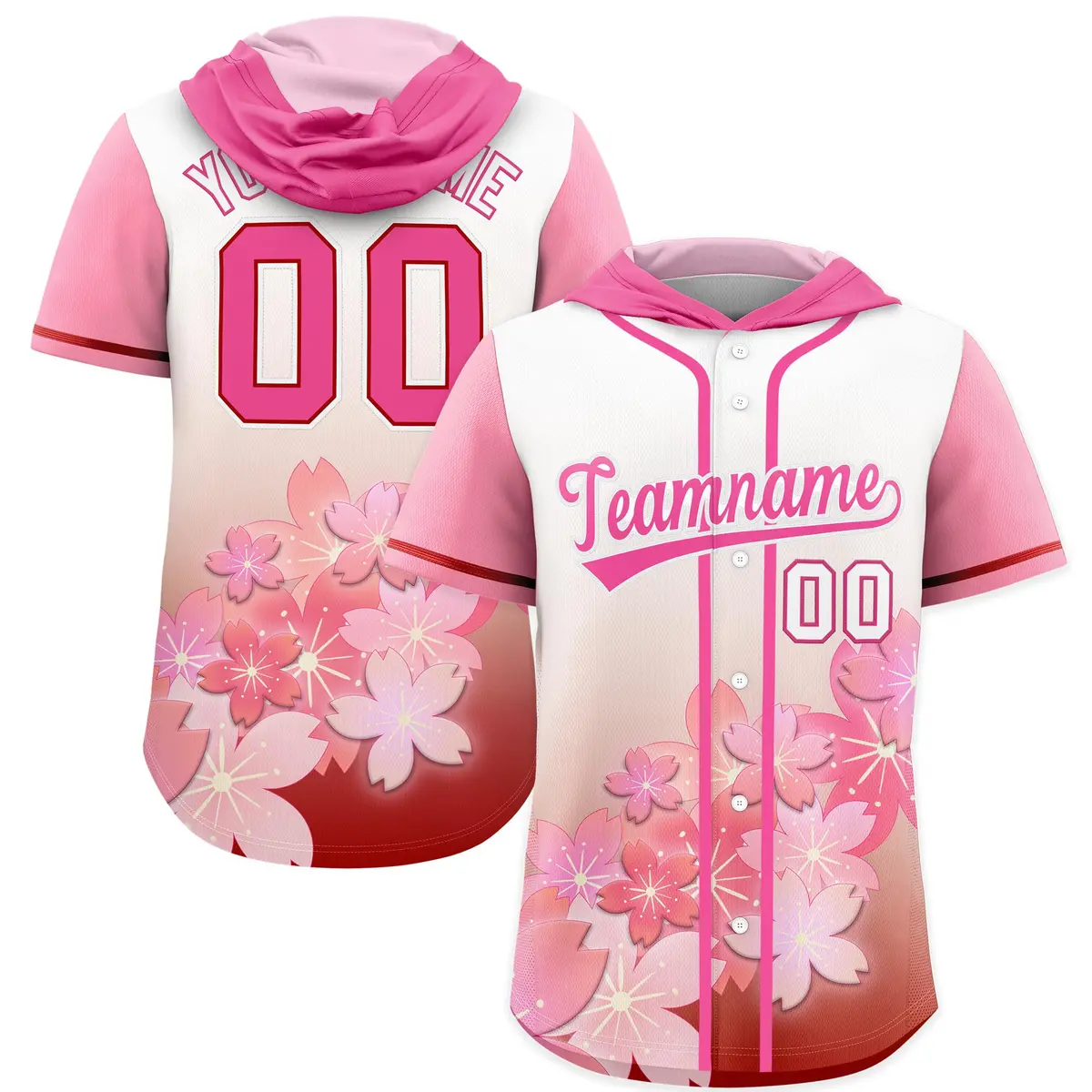 Pink Cherry Blossoms Raglan Hooded Baseball Jersey