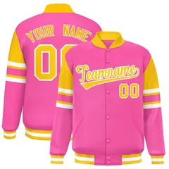 Pink Color Block Varsity Full-Snap Letterman Jacket