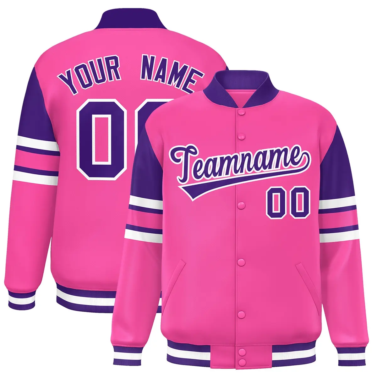 Pink Color Block Varsity Full-Snap Letterman Jacket