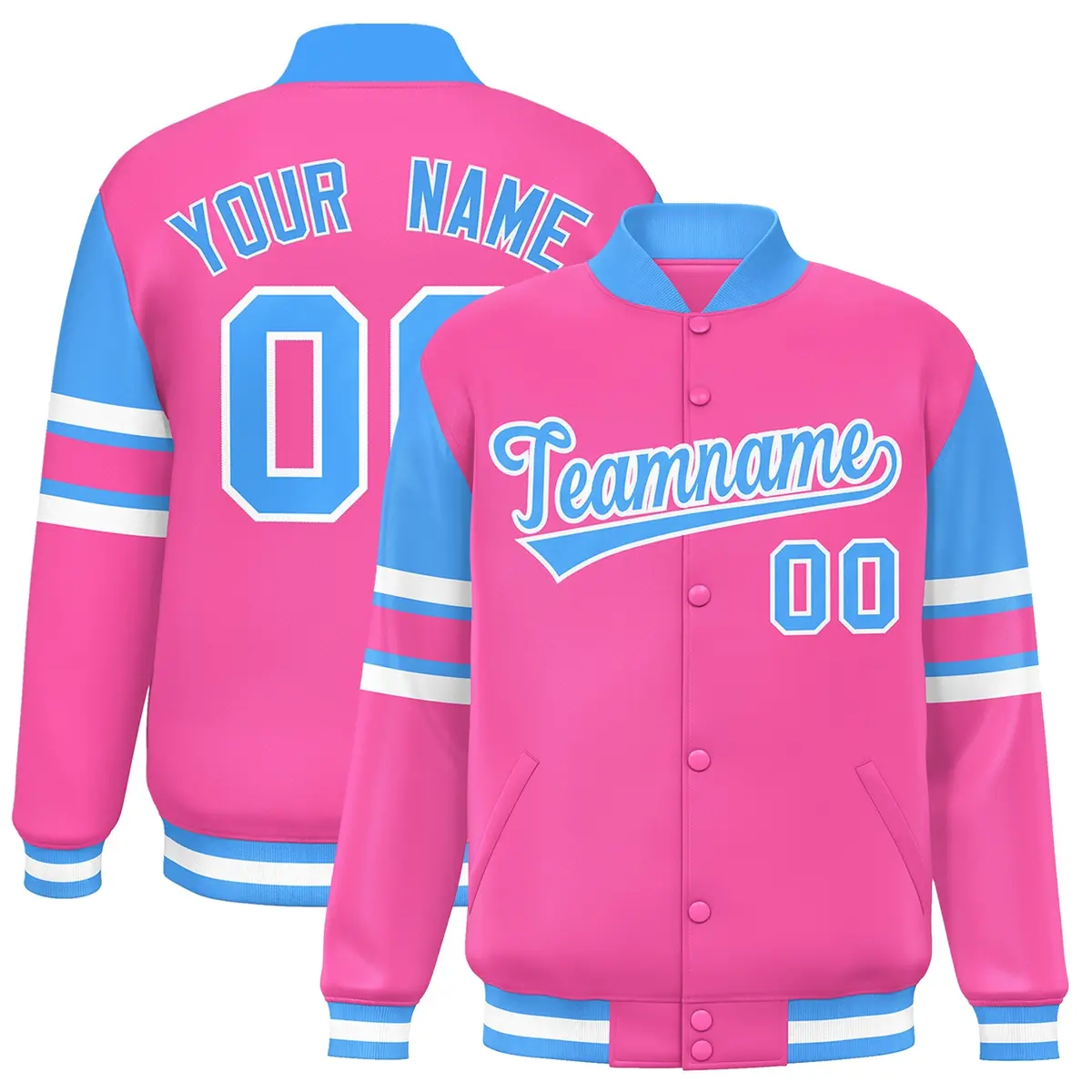 Pink Color Block Varsity Full-Snap Letterman Jacket