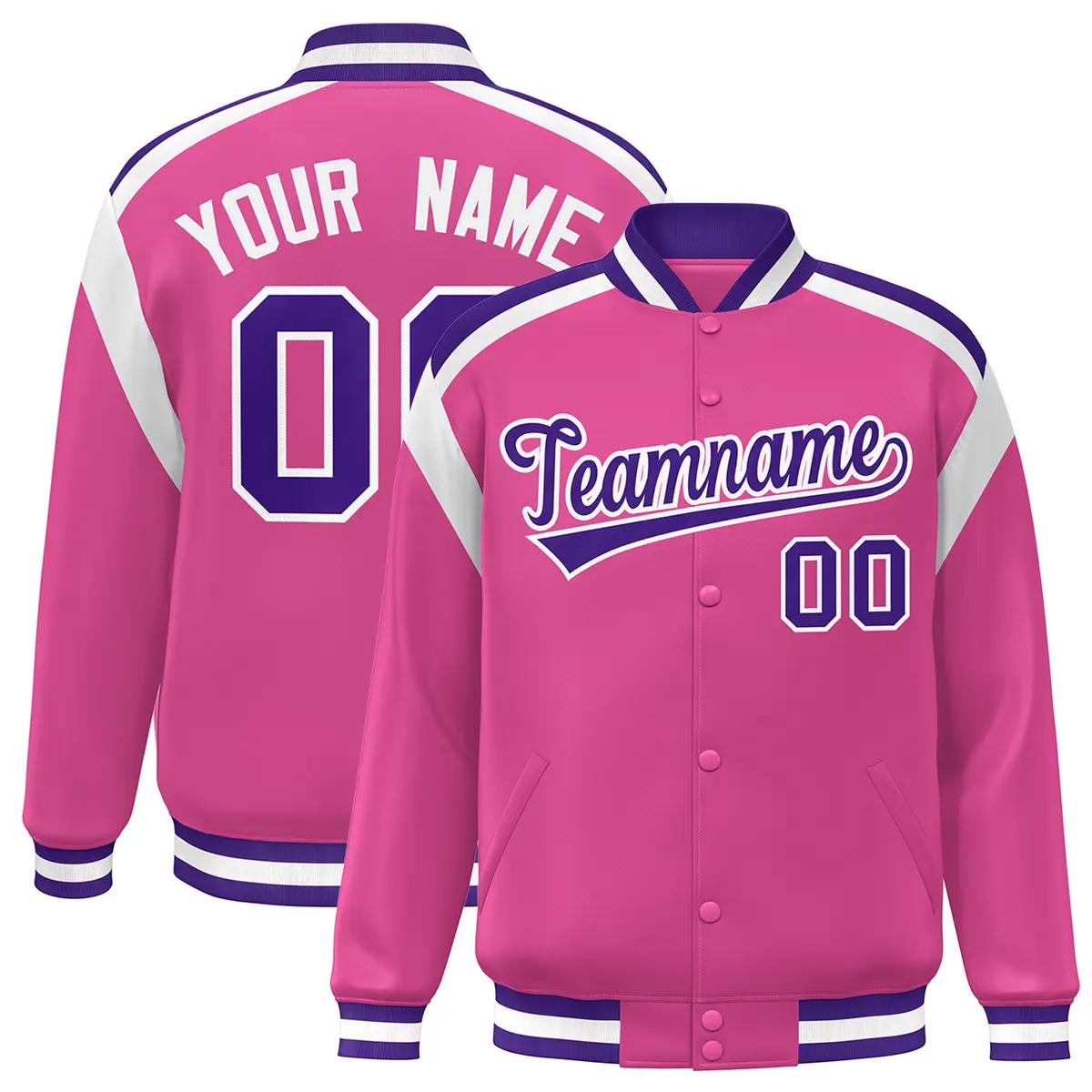 Pink Color Block Varsity Full-Snap Letterman Jacket