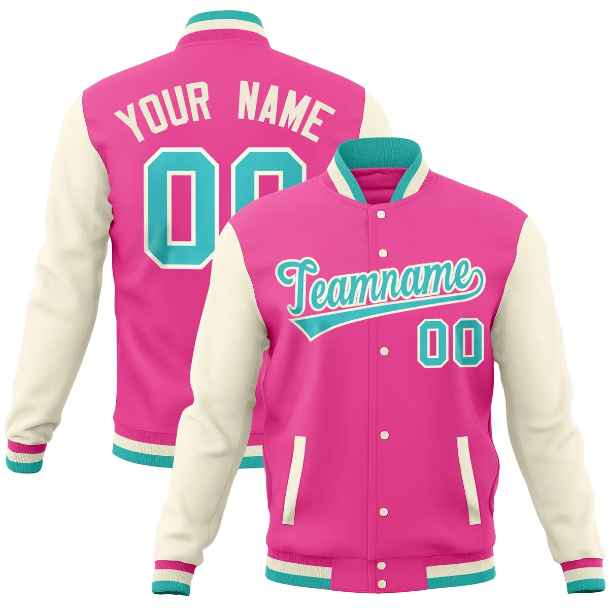 Pink Cream Raglan Full-Snap Varsity Letterman Jacket