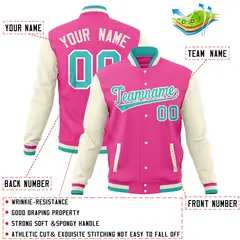 Pink Cream Raglan Full-Snap Varsity Letterman Jacket 4
