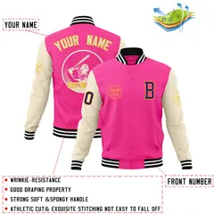 Pink Cream Raglan Sleeves Full-Snap Varsity Letterman Jacket 4
