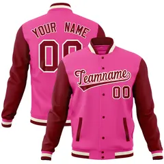 Pink Crimson Full-Snap Raglan Varsity Letterman Baseball Jacket