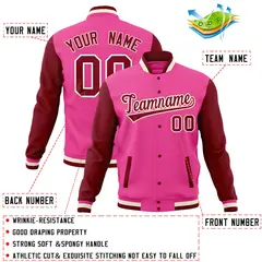 Pink Crimson Full-Snap Raglan Varsity Letterman Baseball Jacket 4