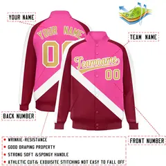 Pink Crimson Raglan Full-Snap Letterman Baseball Jacket 2