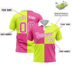 Pink Fluorescent Green Four Squares Performance Polo Shirt 2