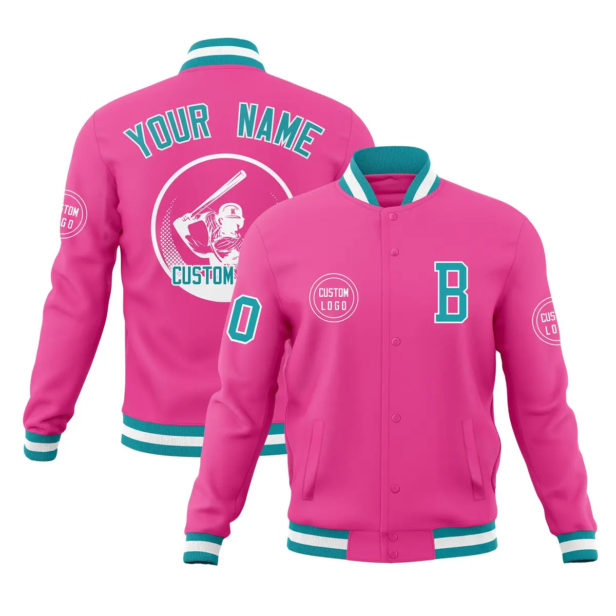 Pink Full-Snap Varsity Letterman Baseball Jacket