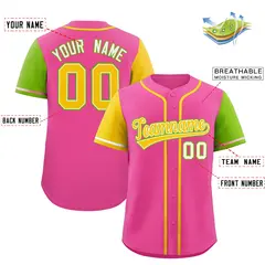 Pink Gold and Neon Green Raglan Sleeves Baseball Jersey 2