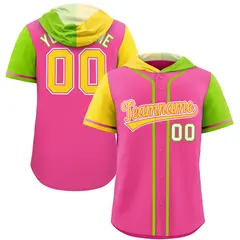 Pink Gold and Neon Green Split Raglan Baseball Hoodie Jersey 1