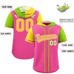 Pink Gold and Neon Green Split Raglan Baseball Hoodie Jersey 2