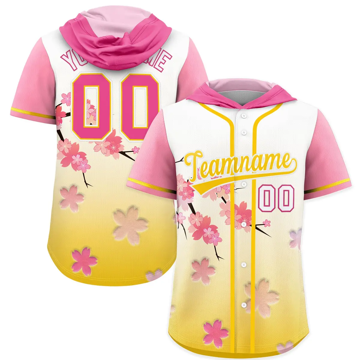 Pink Gold Cherry Blossoms Raglan Hooded Baseball Jersey