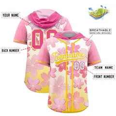 Pink Gold Cherry Blossoms Raglan Hooded Baseball Jersey 2