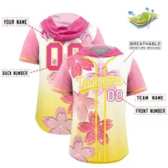 Pink Gold Cherry Blossoms Raglan Hooded Baseball Jersey 2