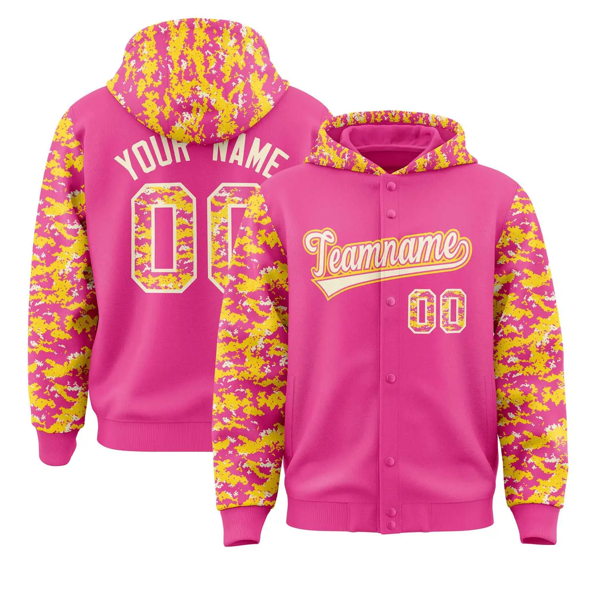 Pink Gold-Cream Raglan Camo Varsity Letterman Jacket Hoodie