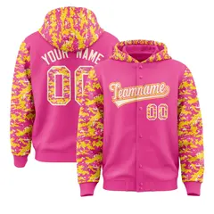Pink Gold-Cream Raglan Camo Varsity Letterman Jacket Hoodie