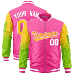 Pink Gold-Neon Green Raglan Gradient Full-Zip Varsity Letterman Bomber Jacket