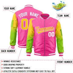 Pink Gold-Neon Green Raglan Gradient Full-Zip Varsity Letterman Bomber Jacket 2