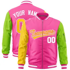 Pink Gold Neon Green Varsity Letterman Bomber Jacket Full-Zip Raglan Sleeves