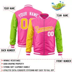 Pink Gold Neon Green Varsity Letterman Bomber Jacket Full-Zip Raglan Sleeves 2