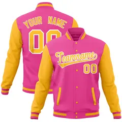 Pink Gold Raglan Sleeves Full-Snap Letterman Baseball Jacket