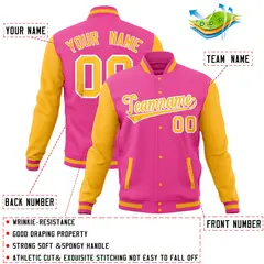 Pink Gold Raglan Sleeves Full-Snap Letterman Baseball Jacket 4