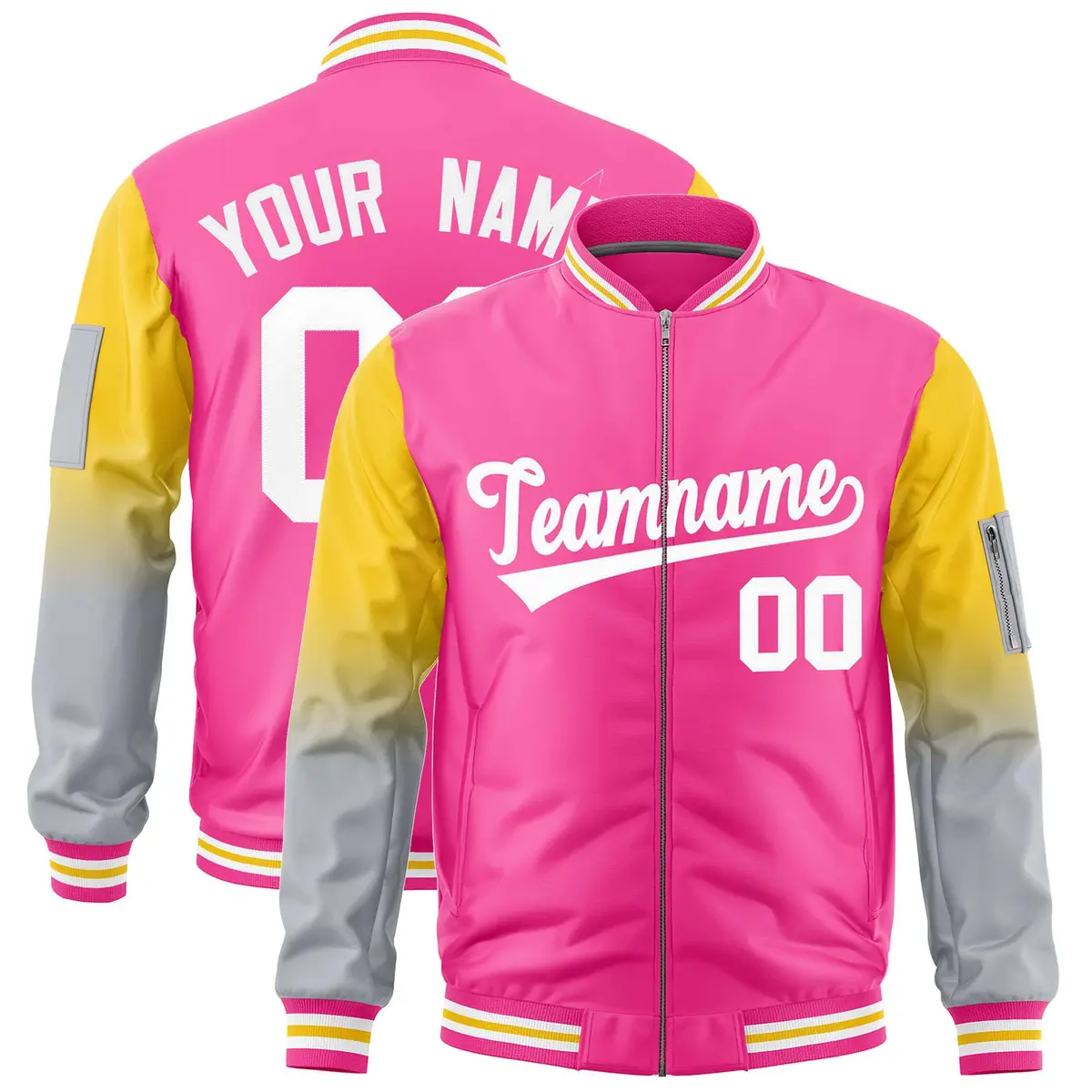 Pink Gold-Silver Gradient Raglan Varsity Full-Zip Letterman Bomber Jacket