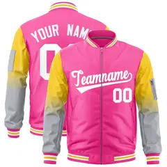 Pink Gold-Silver Gradient Raglan Varsity Full-Zip Letterman Bomber Jacket 1