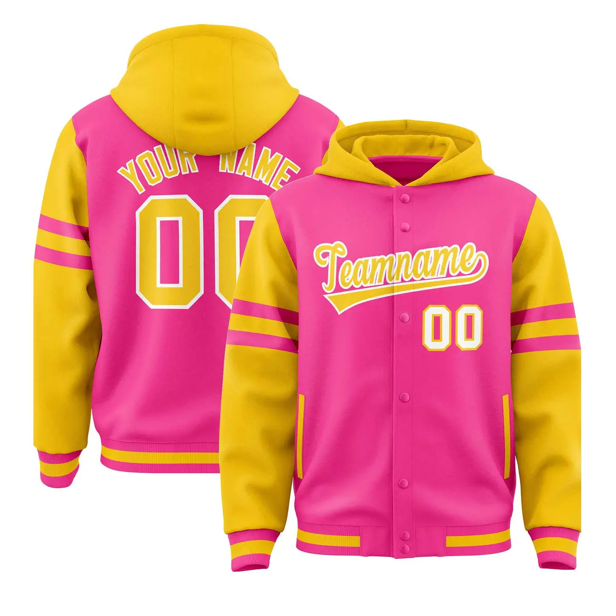 Pink Gold Varsity Letterman Three Stripes Raglan Jacket Hoodie