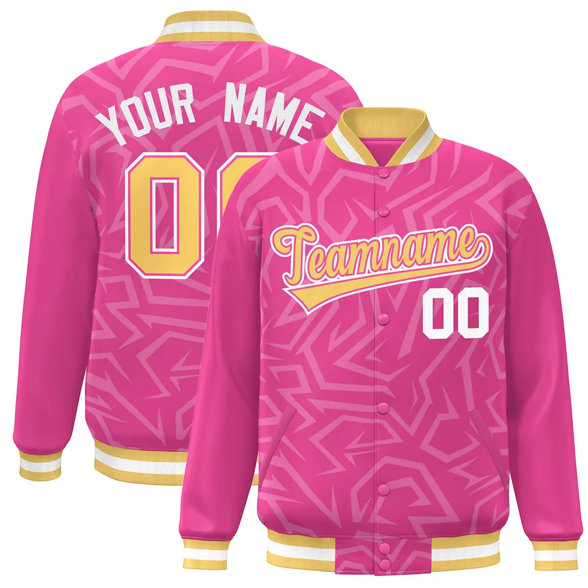 Pink Gold-White Stripe Graffiti Pattern Varsity Full-Snap Jacket