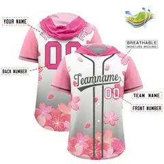 Pink Gray Cherry Blossoms Raglan Hooded Baseball Jersey 2