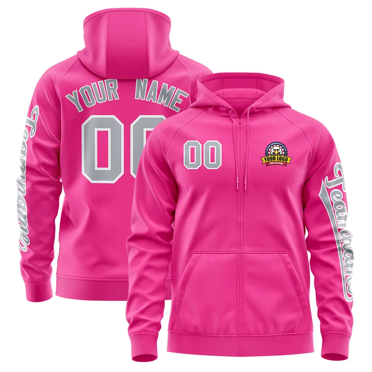 Pink Gray Classic Full-Zip Varsity Letterman Jacket Hoodie