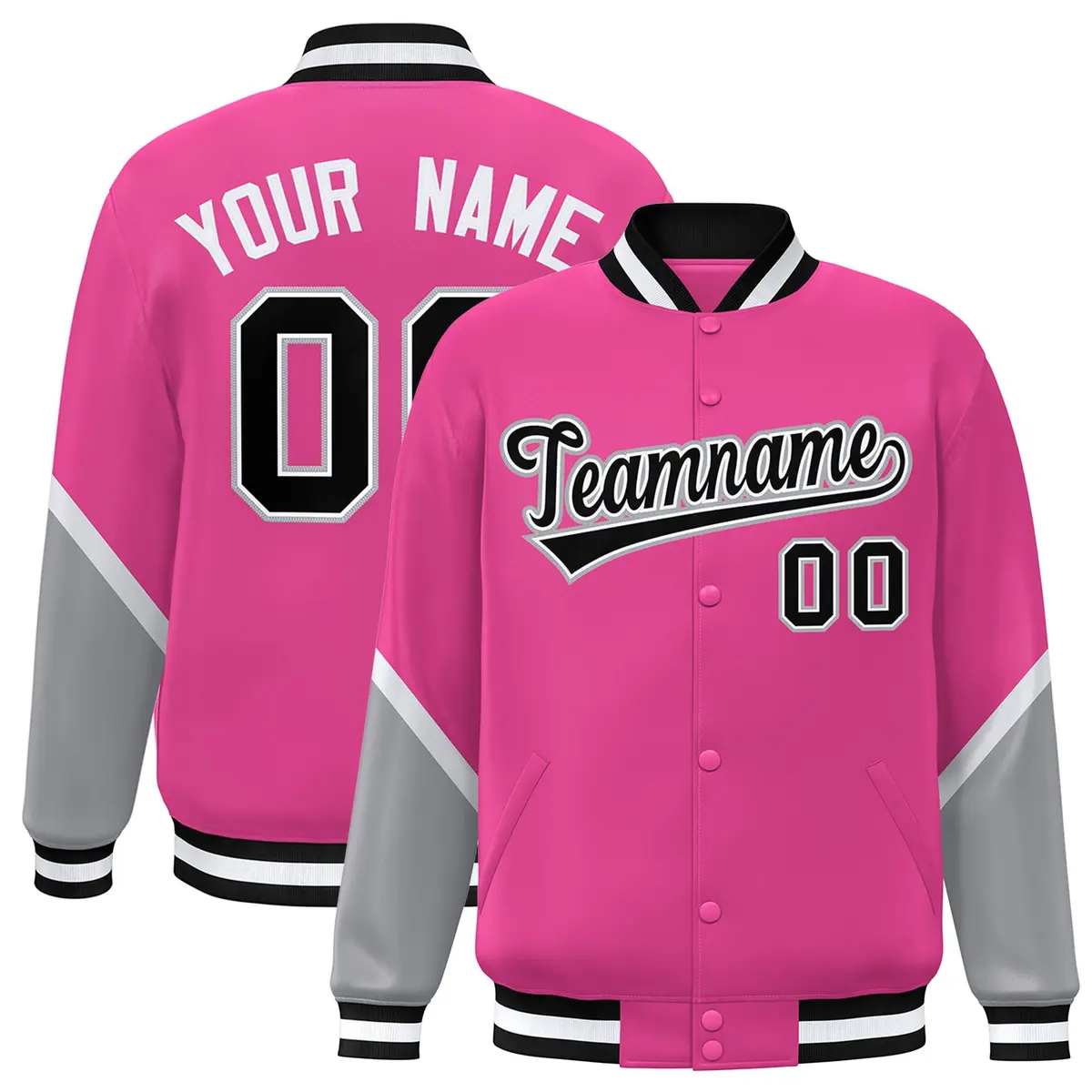Pink Gray Color Block Full-Snap Varsity Letterman Baseball Jacket