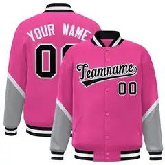 Pink Gray Color Block Full-Snap Varsity Letterman Baseball Jacket