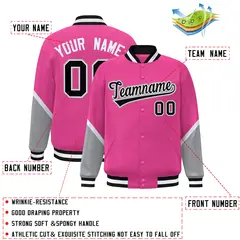 Pink Gray Color Block Full-Snap Varsity Letterman Baseball Jacket 2