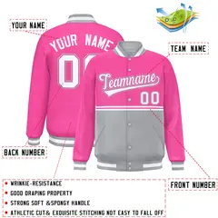 Pink Gray Color Block Varsity Full-Snap Letterman Jacket 2